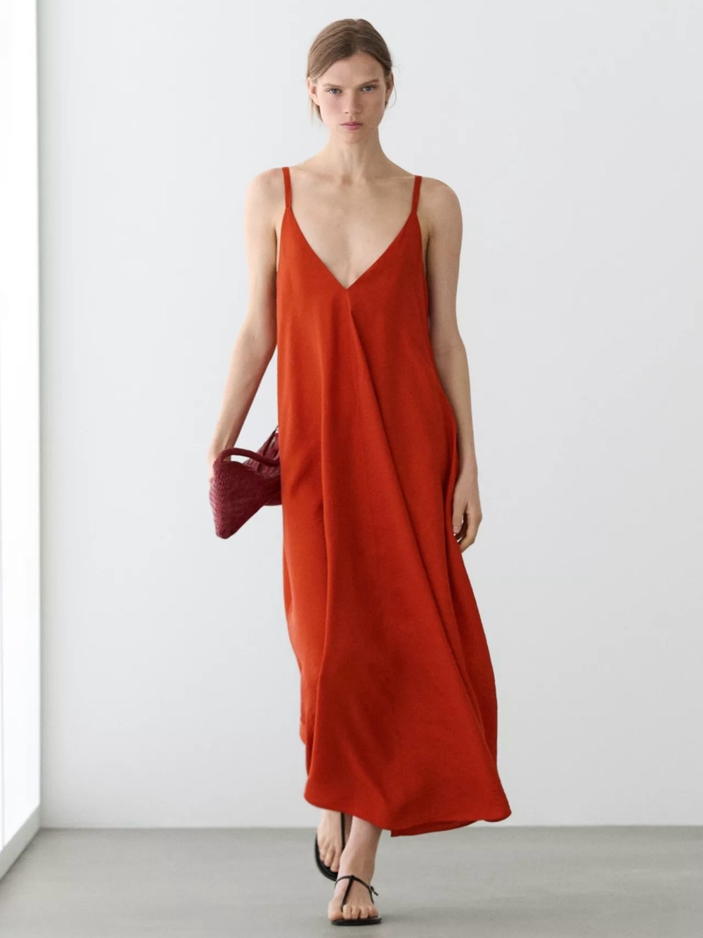 Massimo Dutti Flowy V-Neck Maxi Slip Dress in Burnt Orange Terracotta Size 6